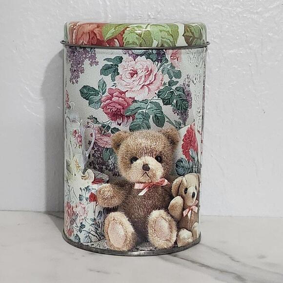 3/$25 Vintage Round Tin with Teddy Bears & Flowers Collectible Storage Container - Picture 1 of 8